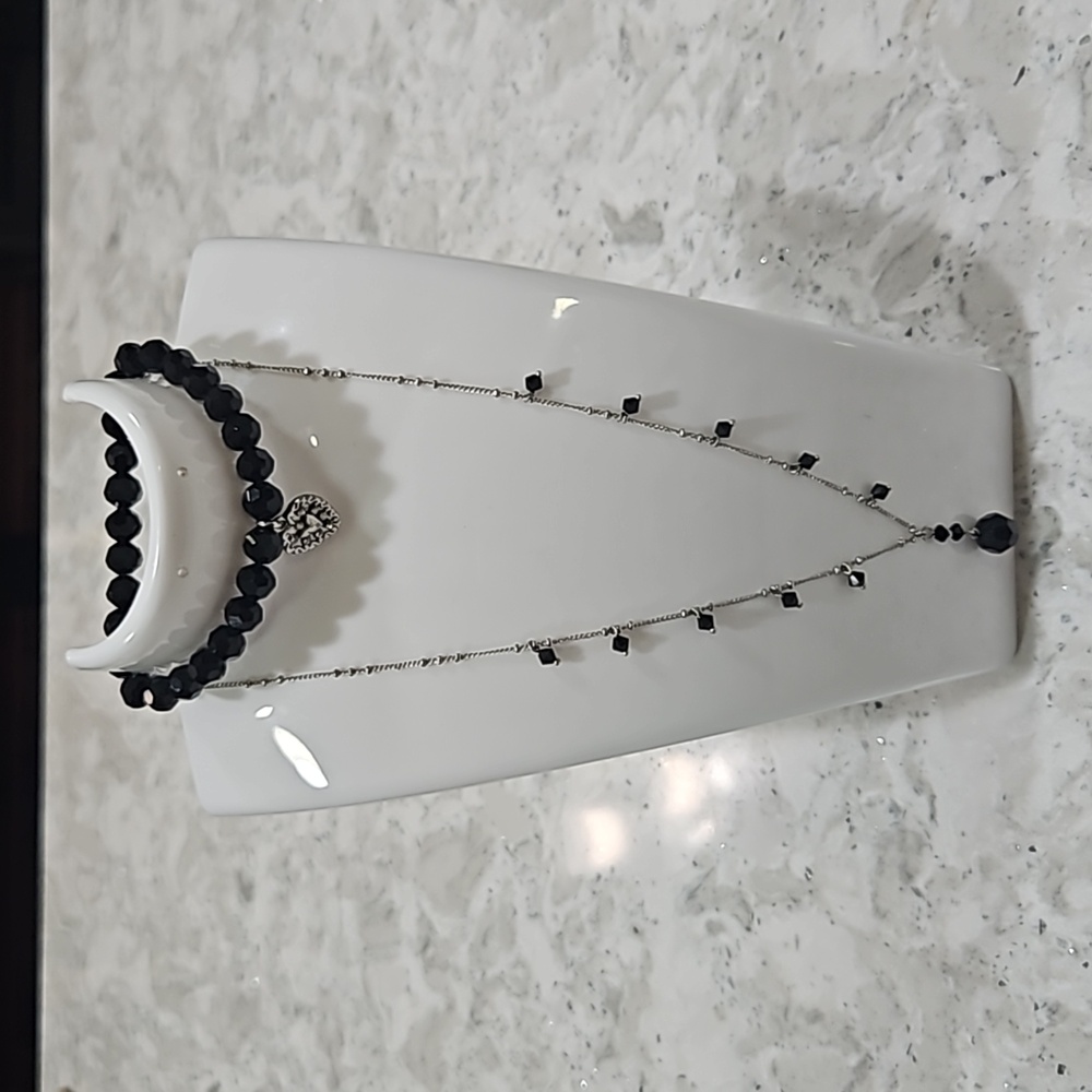 Silver Chain with Black Dangling Beads & Matching Bracelet